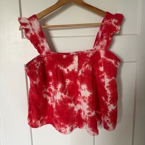True Craft Red and White Tie-Dye Ruffle Strap Camisole Crop Top Medium EUC